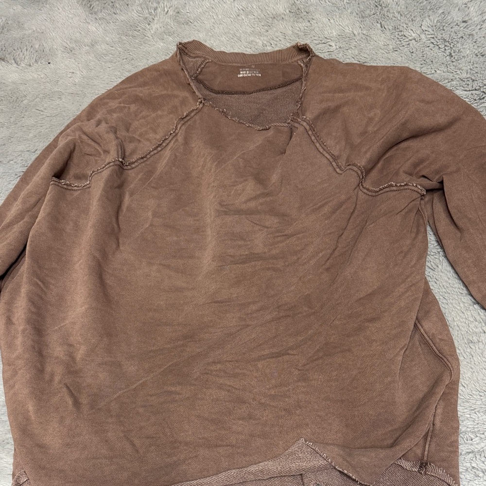 aerie Brown Raw-Edge Crewneck Sweatshirt